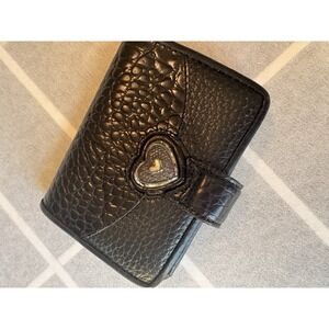 Brighton Black Leather Croc Embossed Wallet Heart Charm Snap Closure